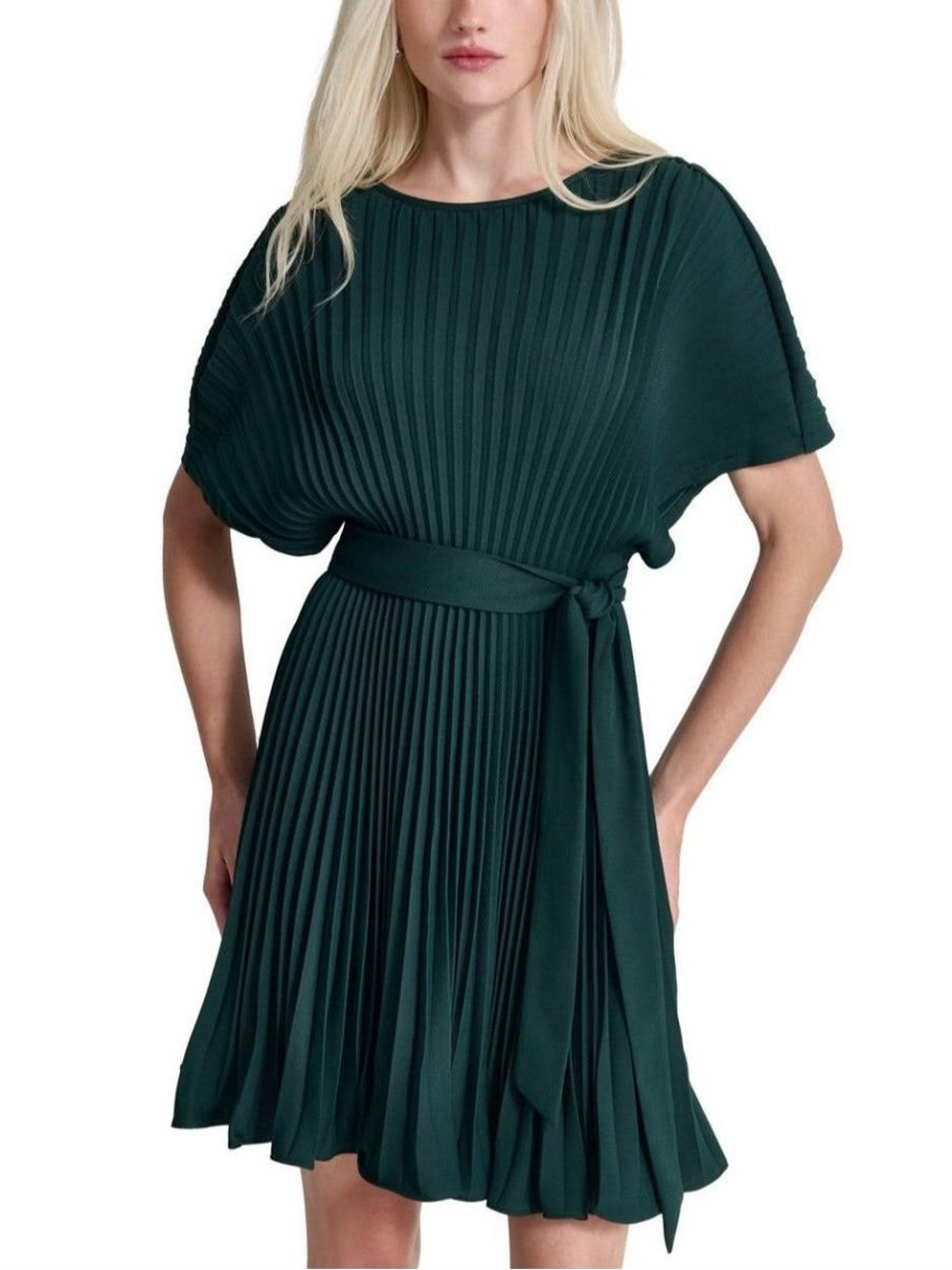 DKNY NWOT Woman’s Forest Green Sunburst  Pleated Fit & Flare Dresz